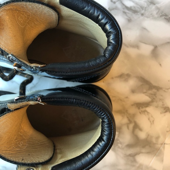 John Fluevog Black Chunky Platform Lace Up Combat Boots with Blue Angle Stripe - Picture 15 of 16